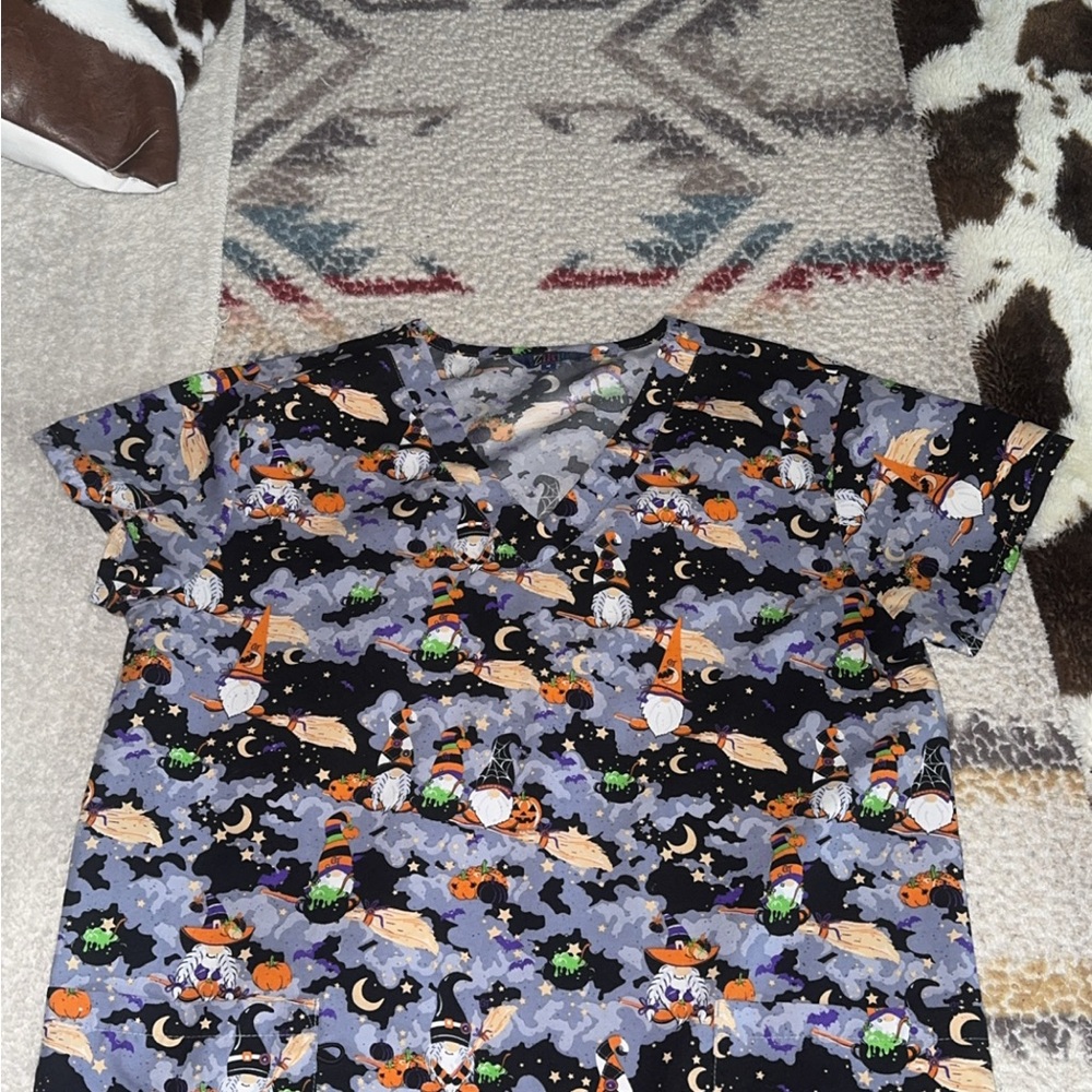 Halloween Gnomes witch broom spooky Themed medical Scrub Top women